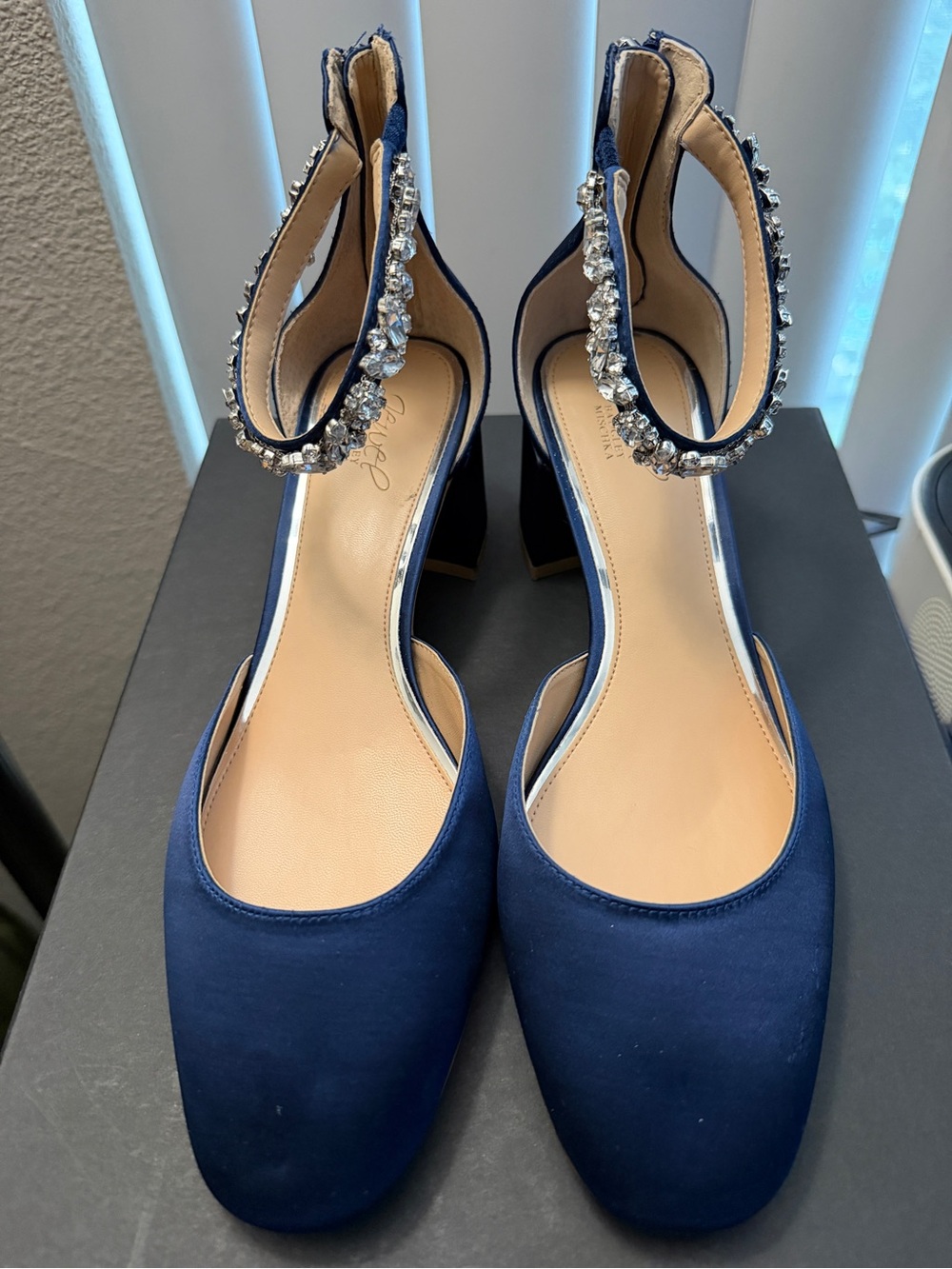 Badgley Mischka Navy Jeweled Ankle-Strap Block Heels